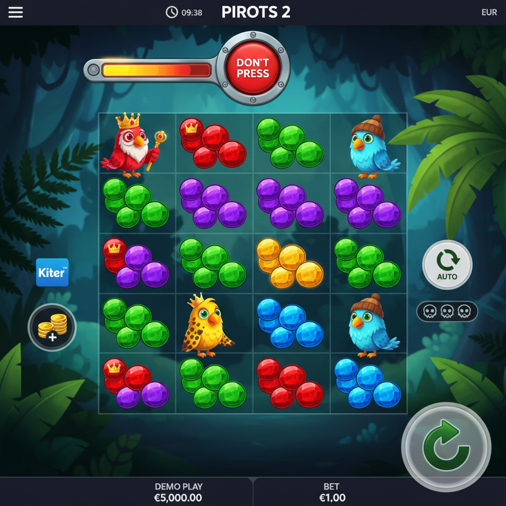 PIROTS 2 Slot mit vier sammelnden Vogel-Charakteren auf 6x6 Spielfeld im prähistorischen Dschungel-Setting, Amber-Symbole in rot-lila-grün-blau, roter DON'T PRESS Button und Fortschrittsbalken