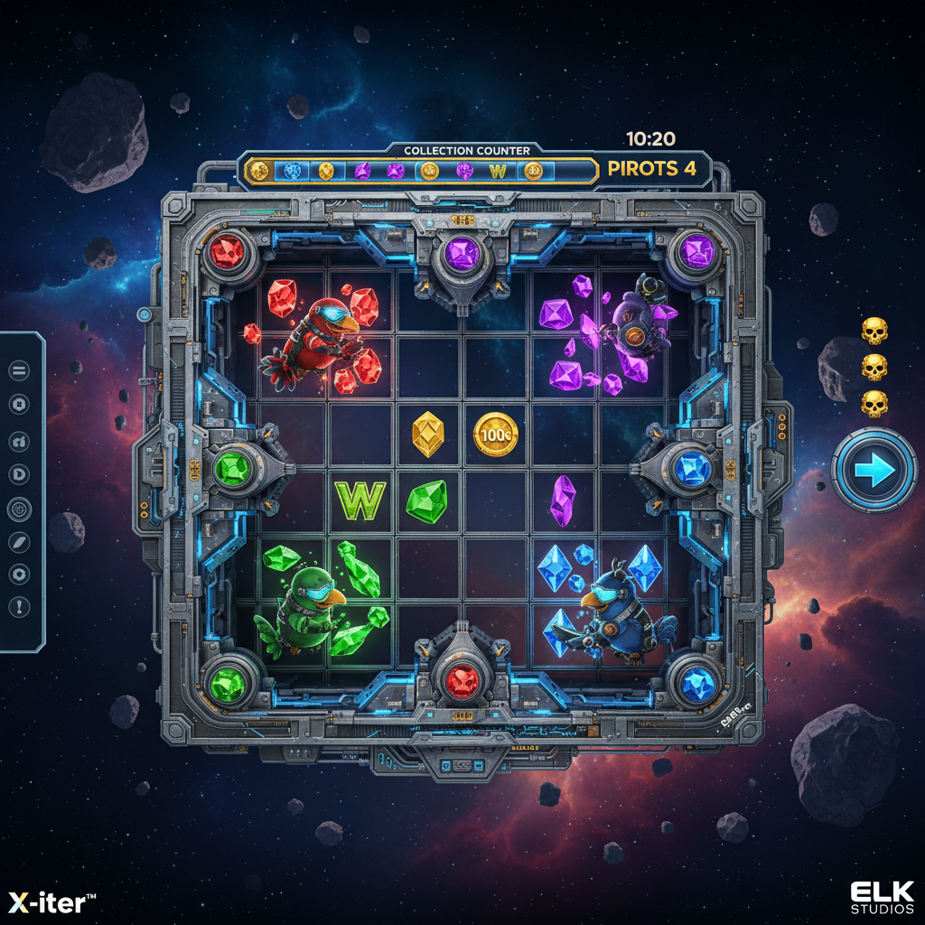 Pirots 4 Slot von ELK Studios: Vier Sammelvögel in Raumanzügen (rot, lila, grün, blau) auf metallischer Raumstation mit farbigen Edelsteinen, Eckbomben und kosmischem Hintergrund