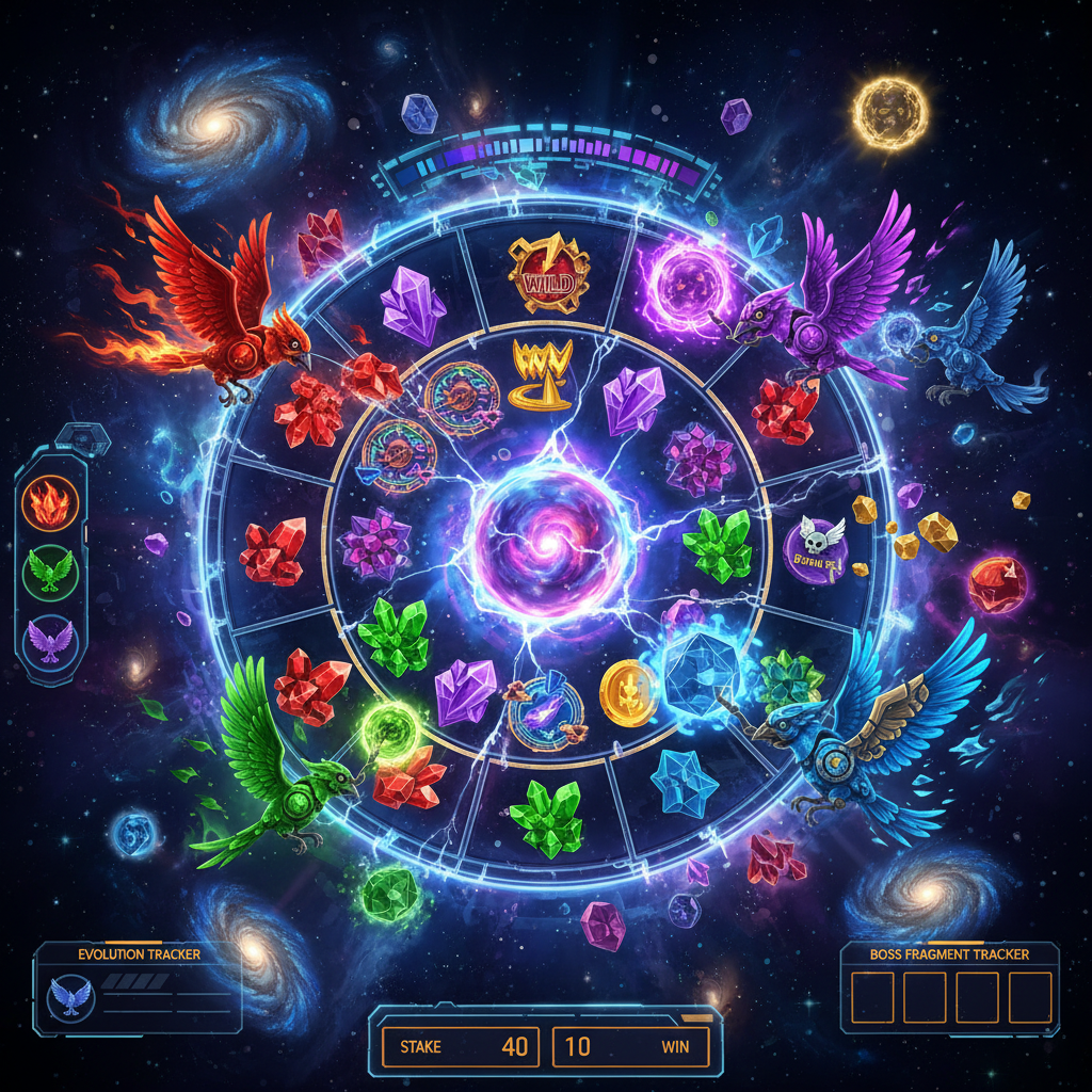 Pirots 5 - The Rift of Eternity Slot: Vier Chrono-Vögel (rot, lila, grün, blau) fliegen durch einen kollabierenden dimensionalen Riss mit leuchtendem Reality Core im Zentrum, umgeben von zeitlichen Portalen und kosmischen Kristallen