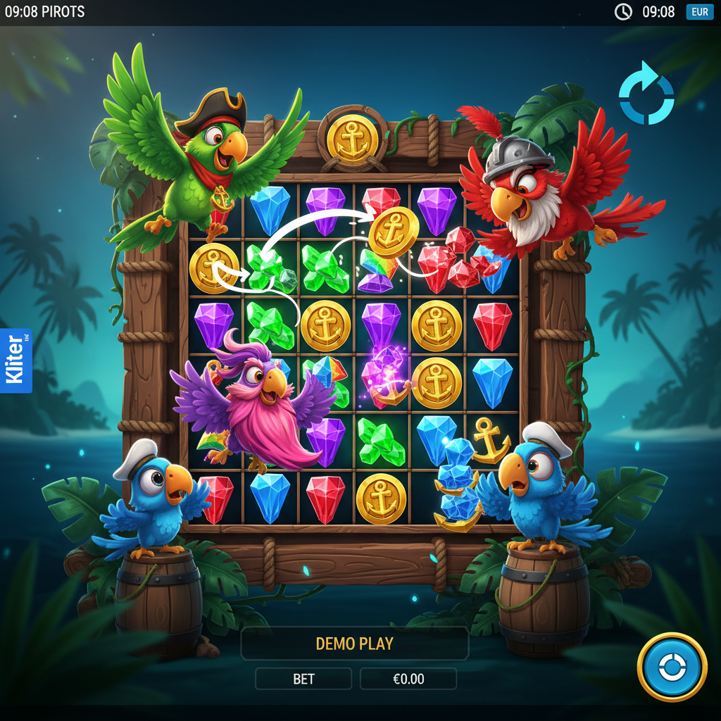 Pirots Slot von ELK Studios: vier bunte Piraten-Papageien (grüner Kapitän, roter Krieger, lila Weiser, blauer Matrose) sammeln leuchtende Kristalle, goldene Münzen und Bonus-Anker auf einem tropischen Insel-Spielfeld mit 5x5 Walzen