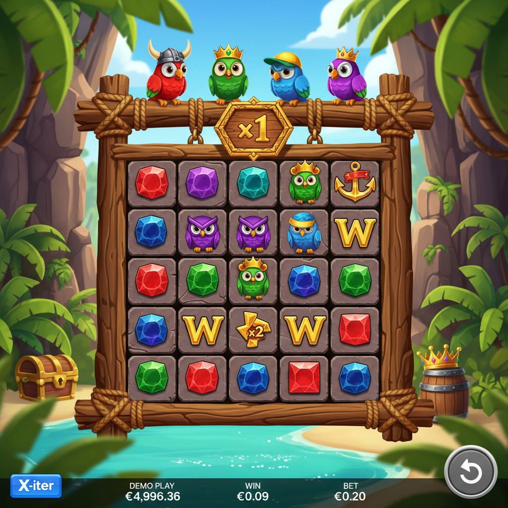Pirots X Slot von ELK Studios: Vier bunte Papageien-Piraten mit goldenen Kronen und Helmen über einem 5x5 Spielraster mit Edelsteinen, Eulen-Symbolen und goldenen Wild-Symbolen auf tropischer Inselkulisse